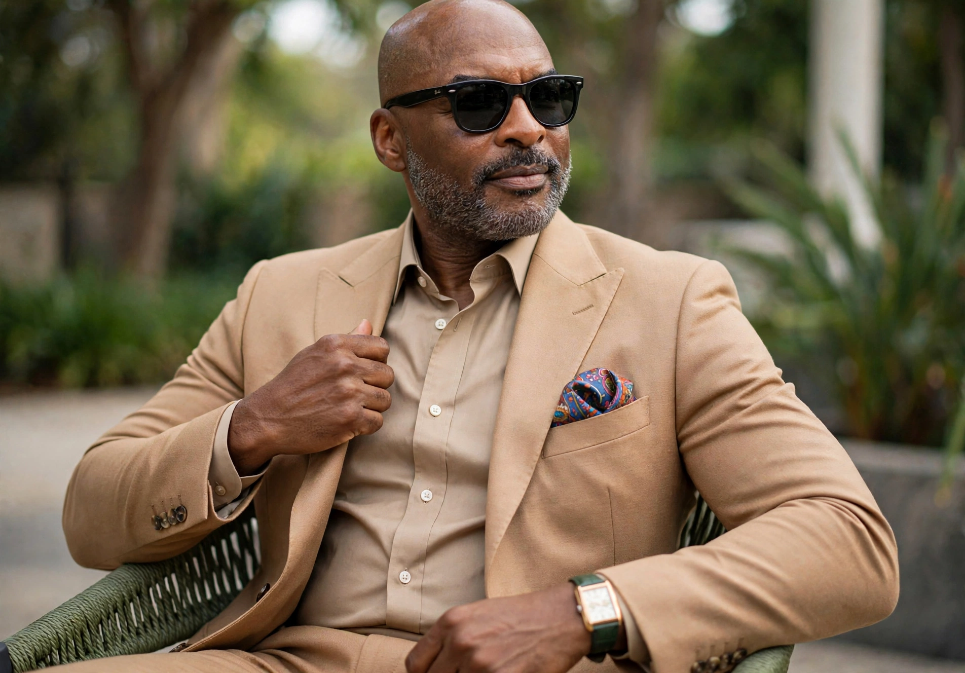 Reggie Sanders seated in a tailored camel suit, tan shirt, colorful pocket square, and dark sunglasses while adjusting his lapel