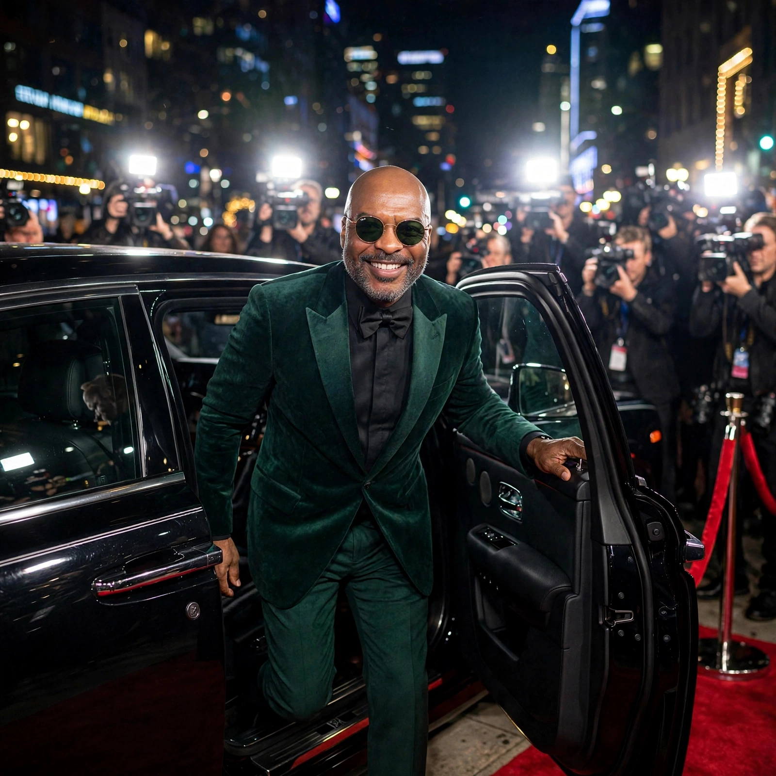 Reggie Sanders in an emerald suit arriving on a red carpet