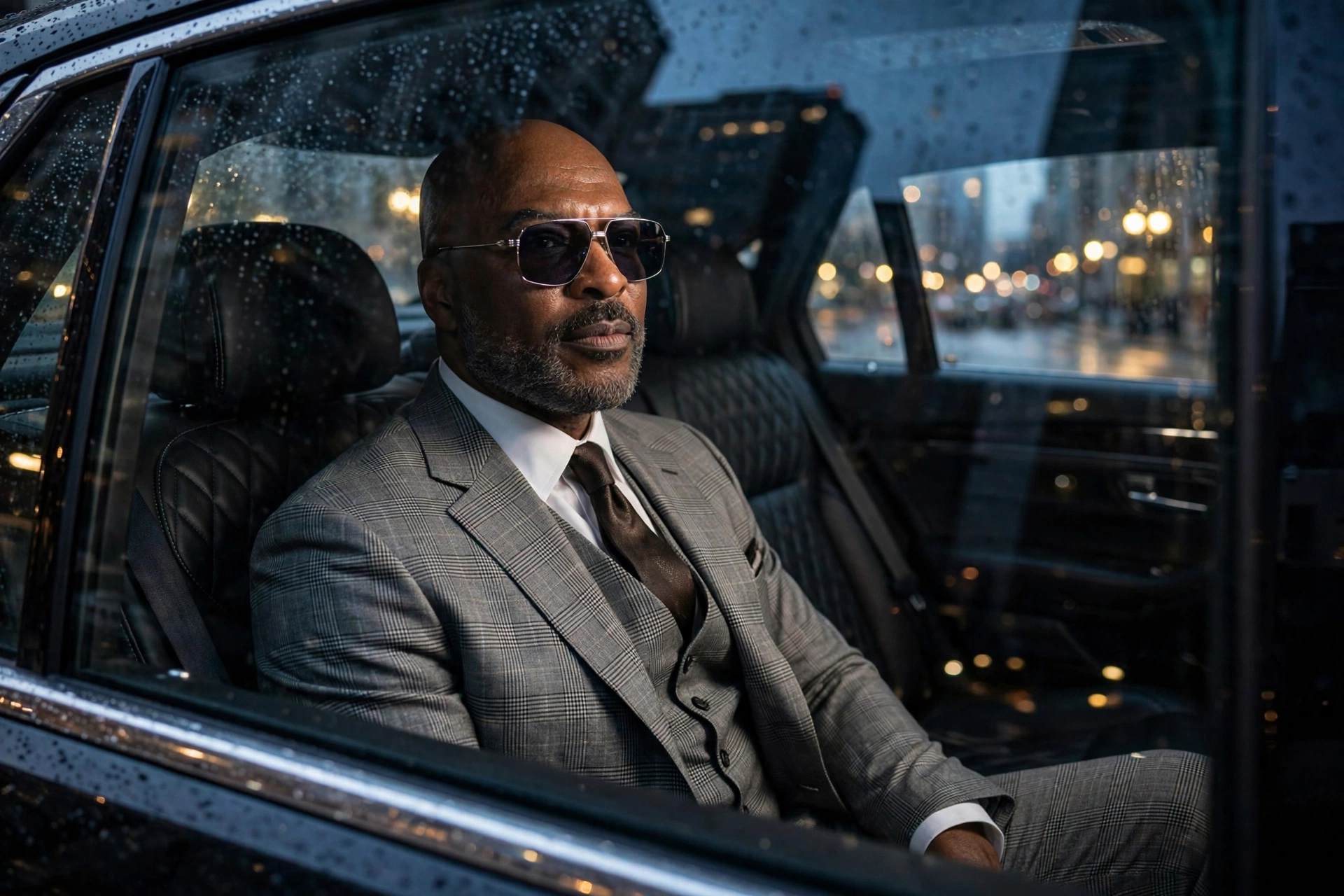 Reggie Sanders seated in a plaid suit beside a car at night