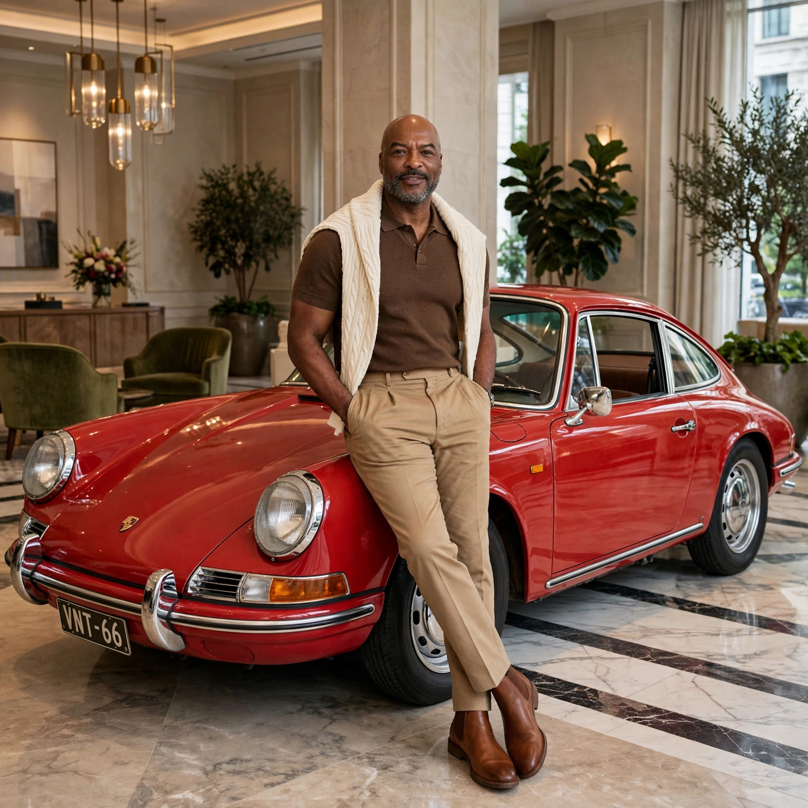Reggie Sanders in a polished neutral look beside a red classic car