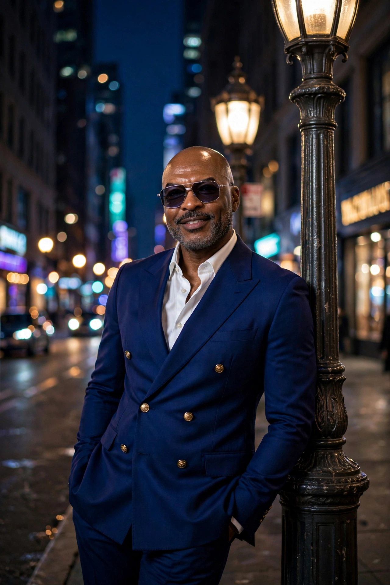 Reggie Sanders in a royal blue double-breasted suit and sunglasses on a city street at night