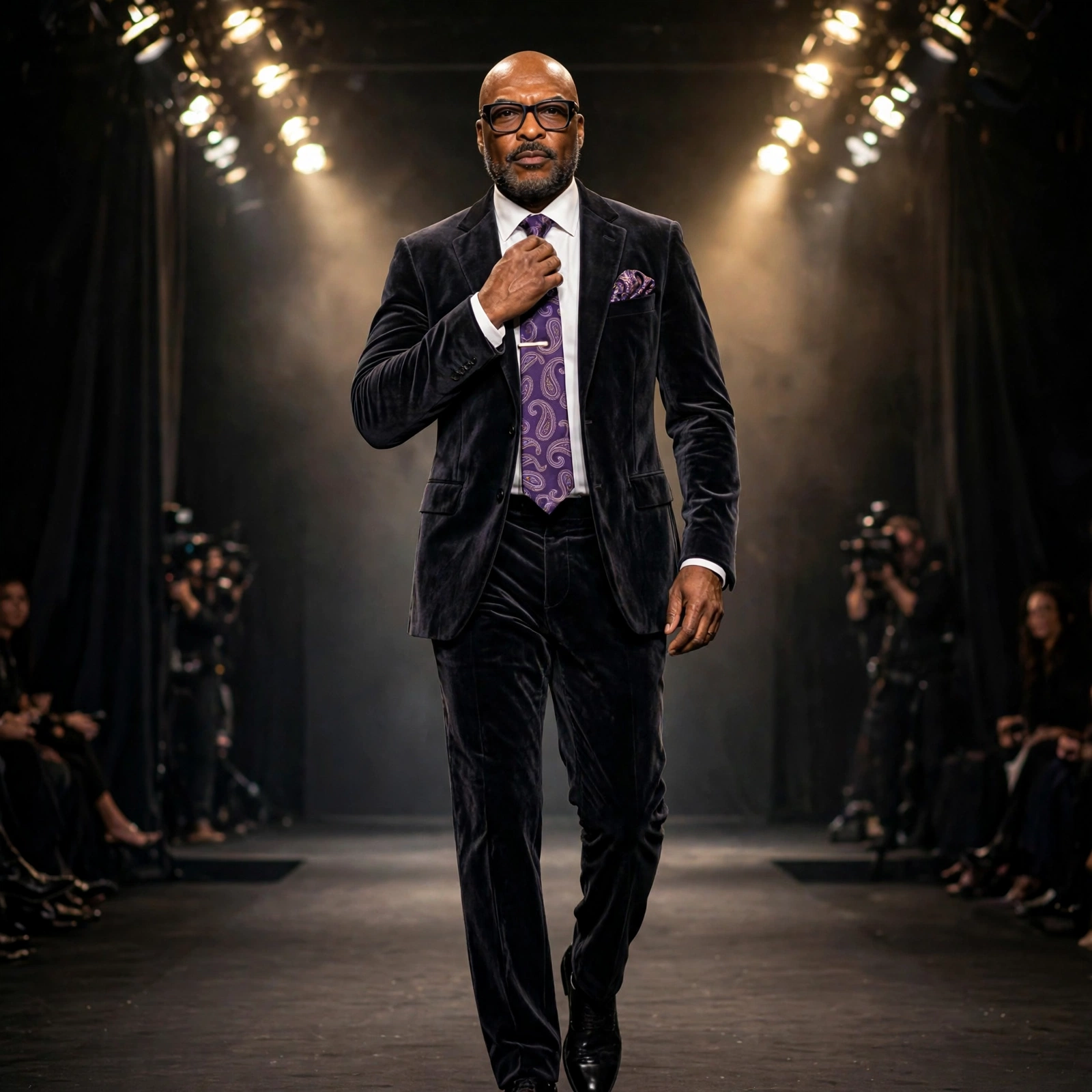 Reggie Sanders walking a runway in a textured black tuxedo