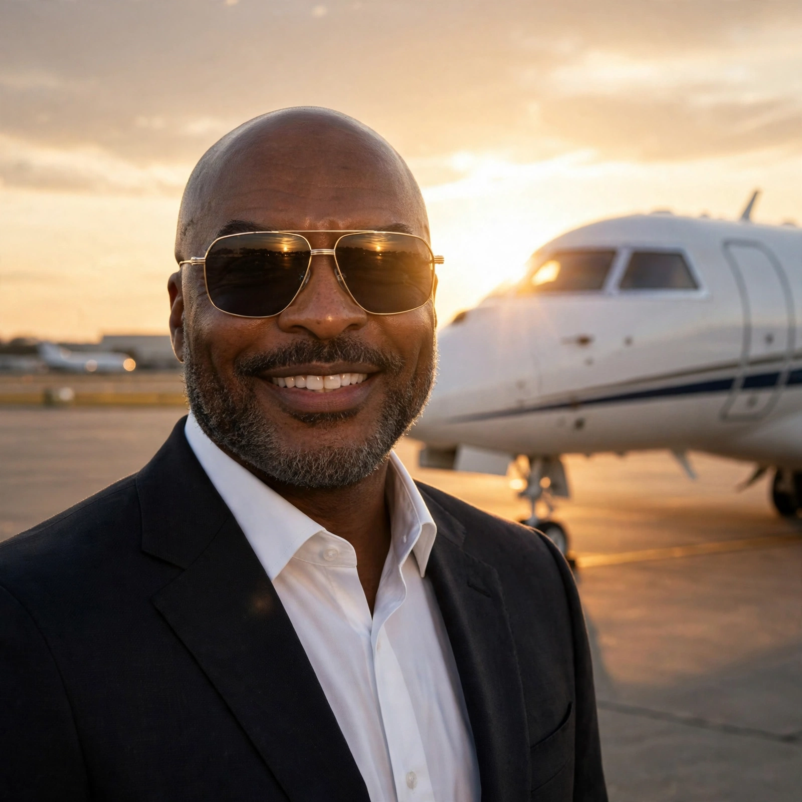 Reggie Sanders in aviator sunglasses standing beside a private jet at sunset