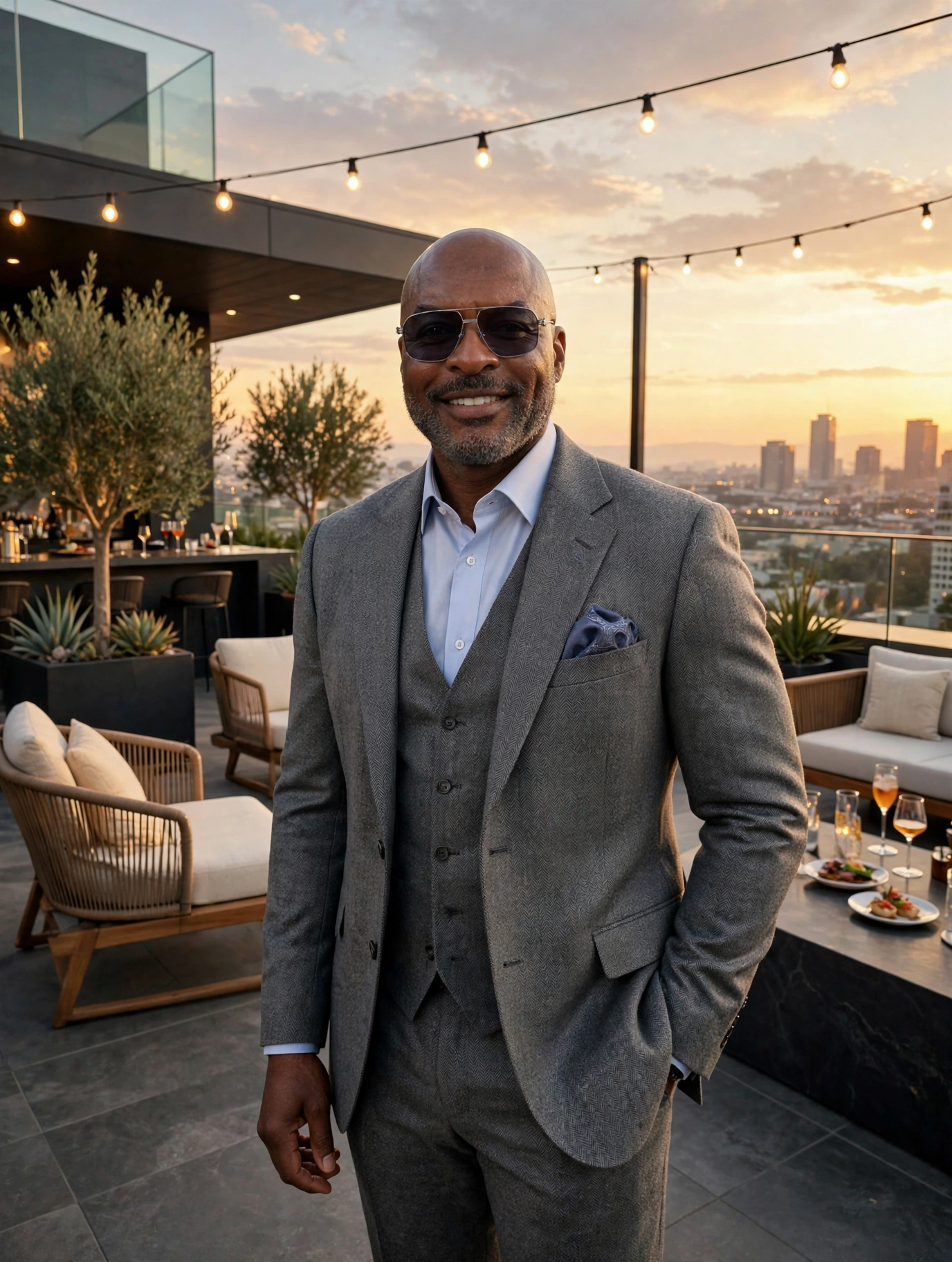 Reggie Sanders in a light grey flannel three-piece suit, rooftop at sunset