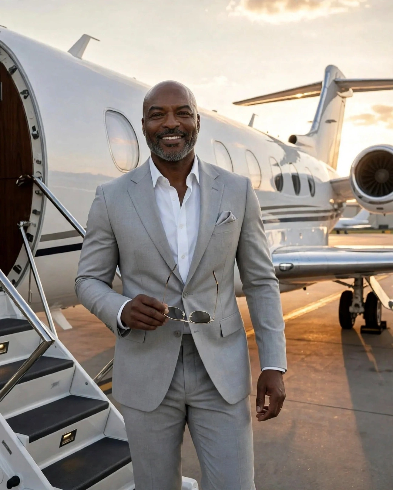 Reggie Sanders in a light grey suit holding sunglasses beside a private jet at sunset