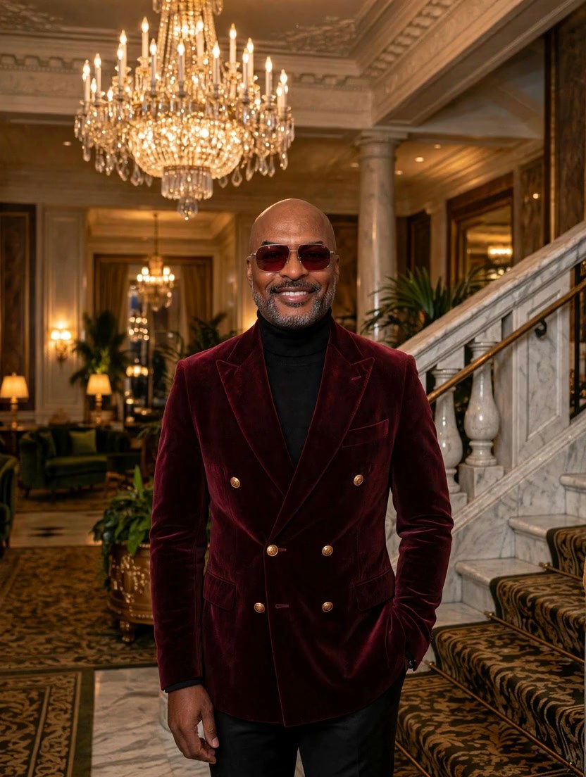 Reggie Sanders in a burgundy velvet blazer