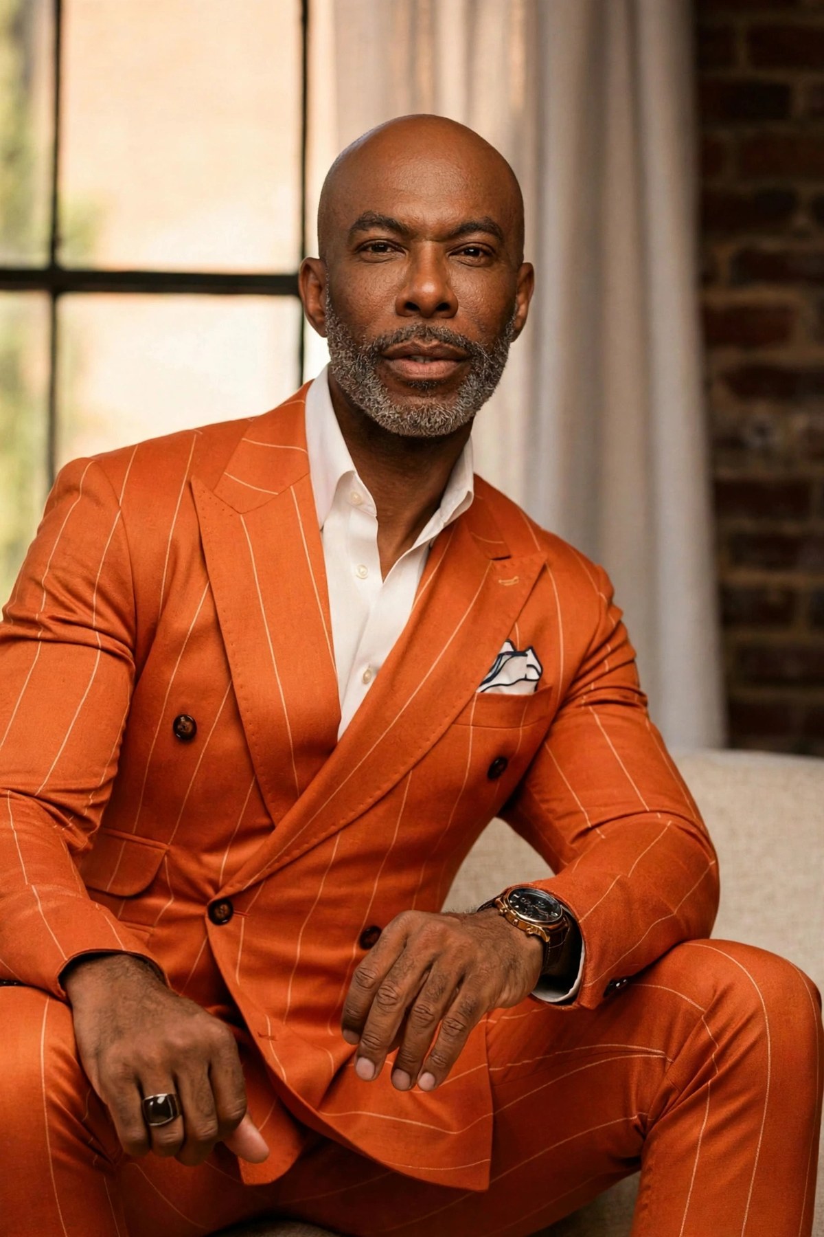 Reggie Sanders in a burnt orange pinstripe suit