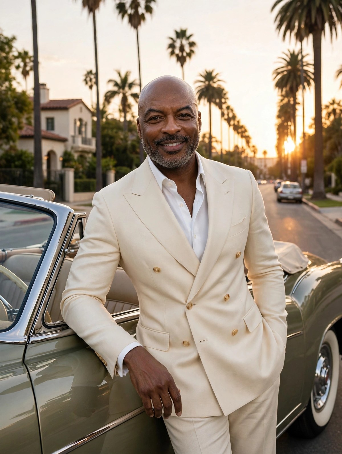 Reggie Sanders in a cream double-breasted suit
