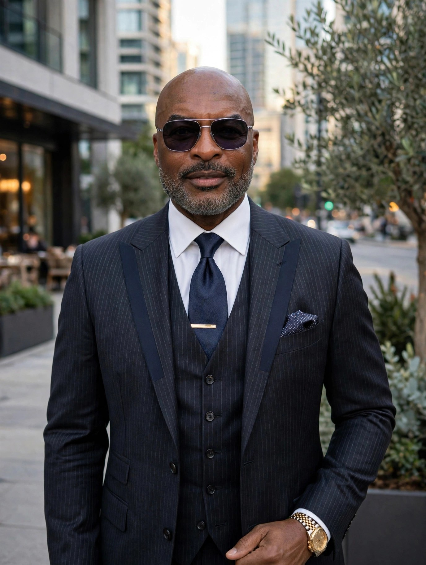 Reggie Sanders in a dark three-piece suit on a city street