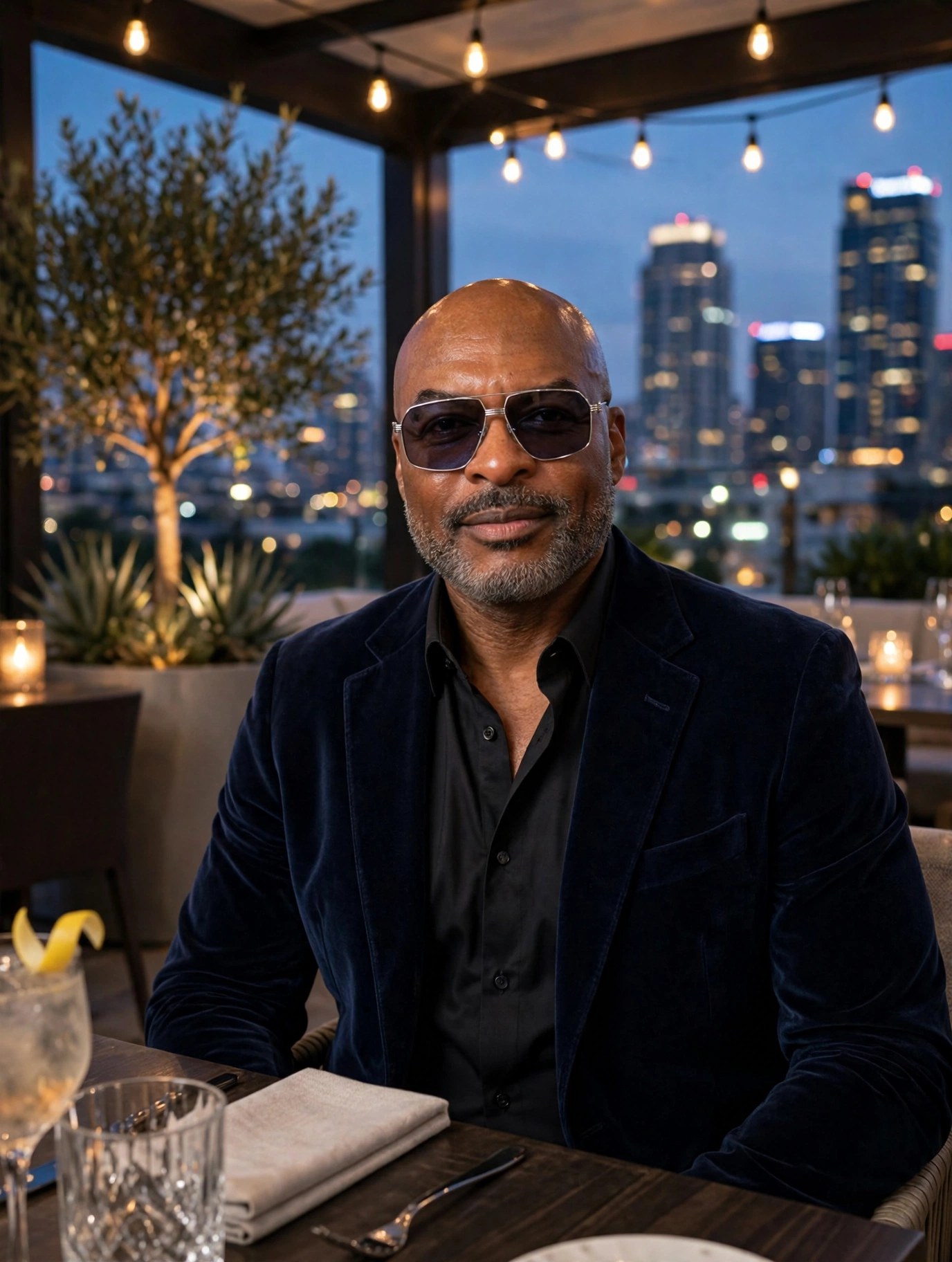 Reggie Sanders in a dark velvet blazer, evening rooftop