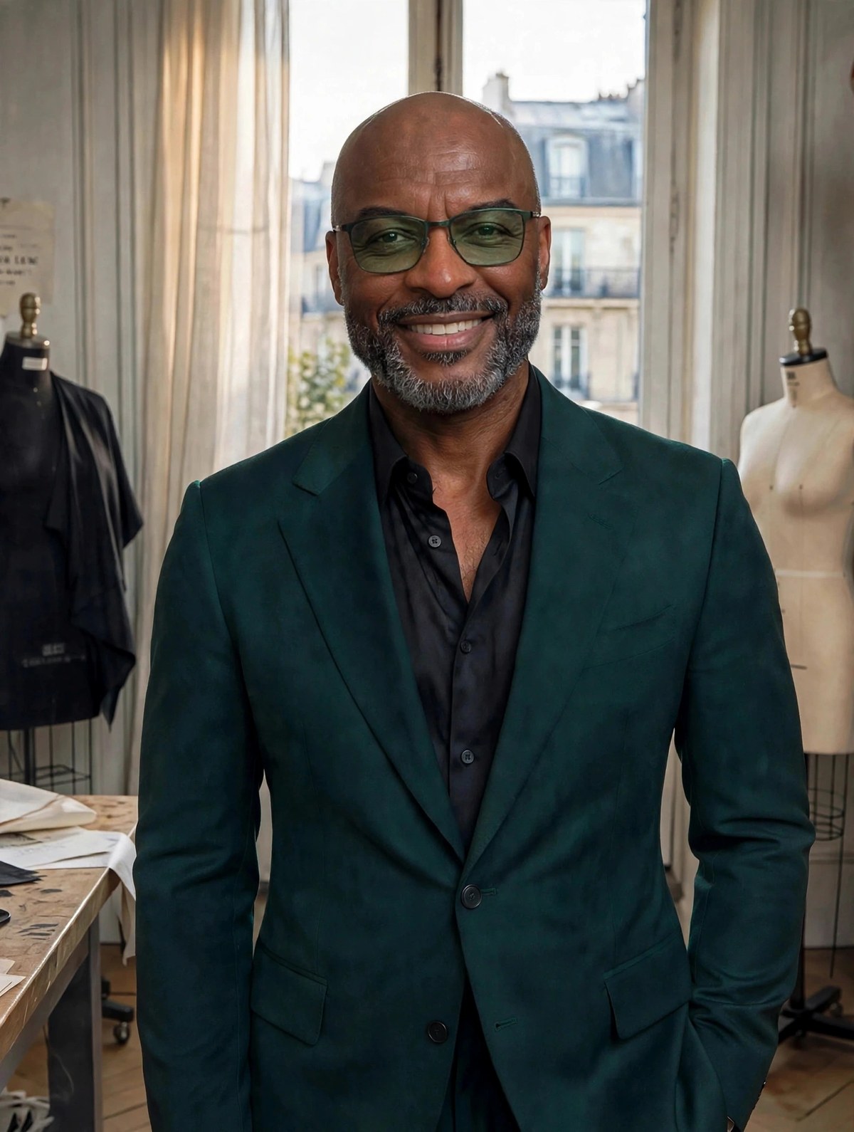 Reggie Sanders in an emerald green suit with green-tinted glasses