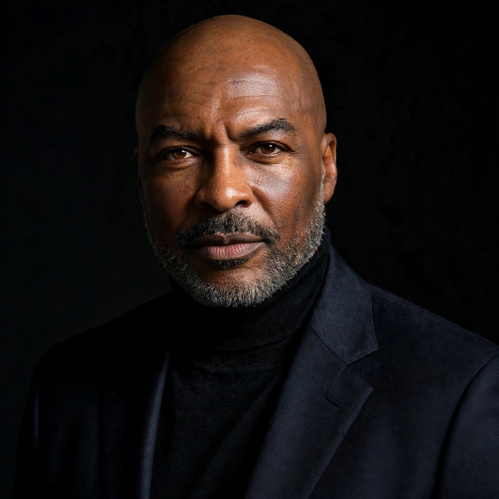 Reggie Sanders in a black turtleneck and jacket against a dark studio backdrop
