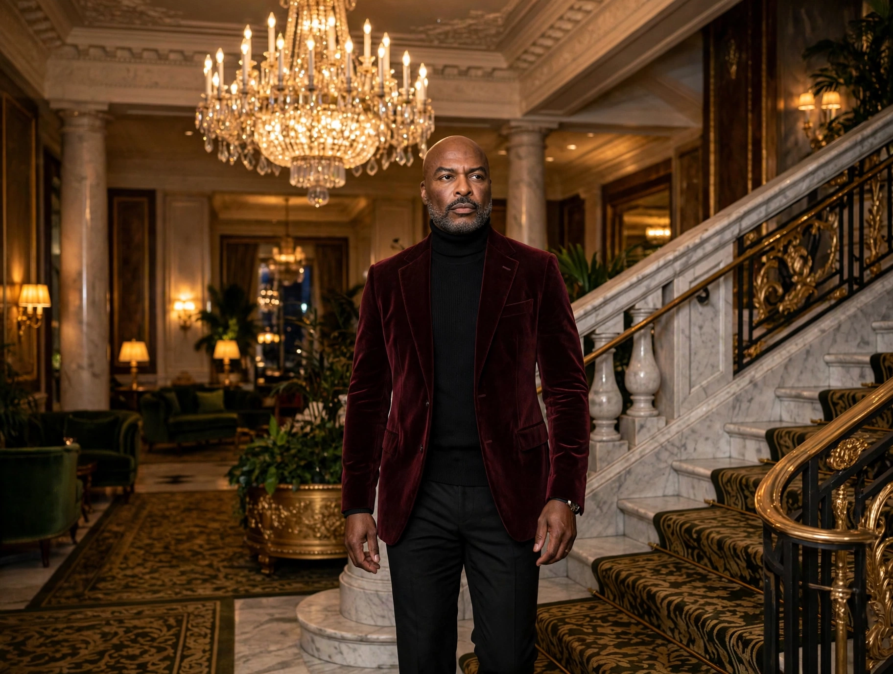 Reggie Sanders in a burgundy velvet blazer on a grand staircase