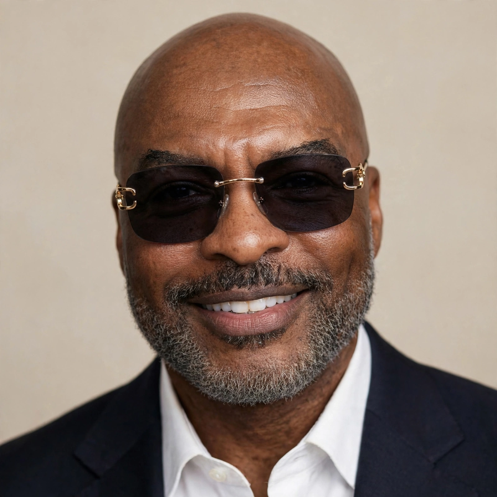 Close portrait of Reggie Sanders in dark glasses and a tailored black jacket