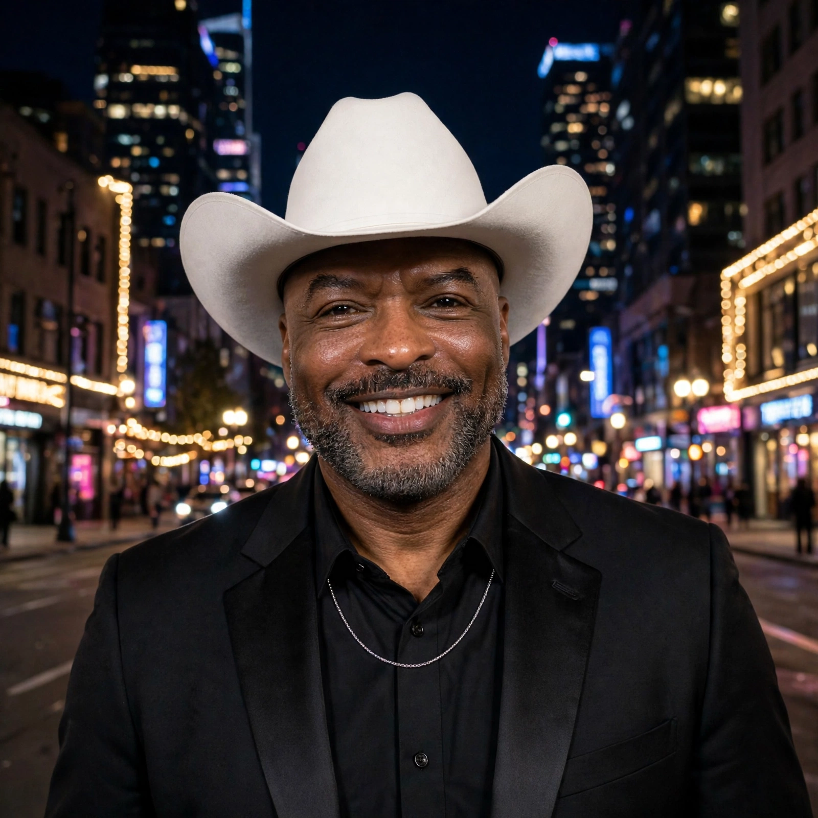 Reggie Sanders in a white cowboy hat on a lively city street at night