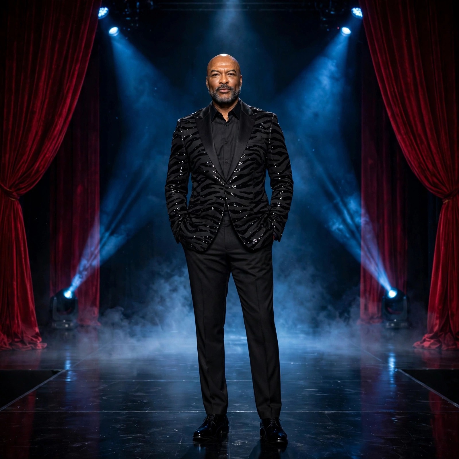 Reggie Sanders in a black statement suit beneath dramatic stage lights