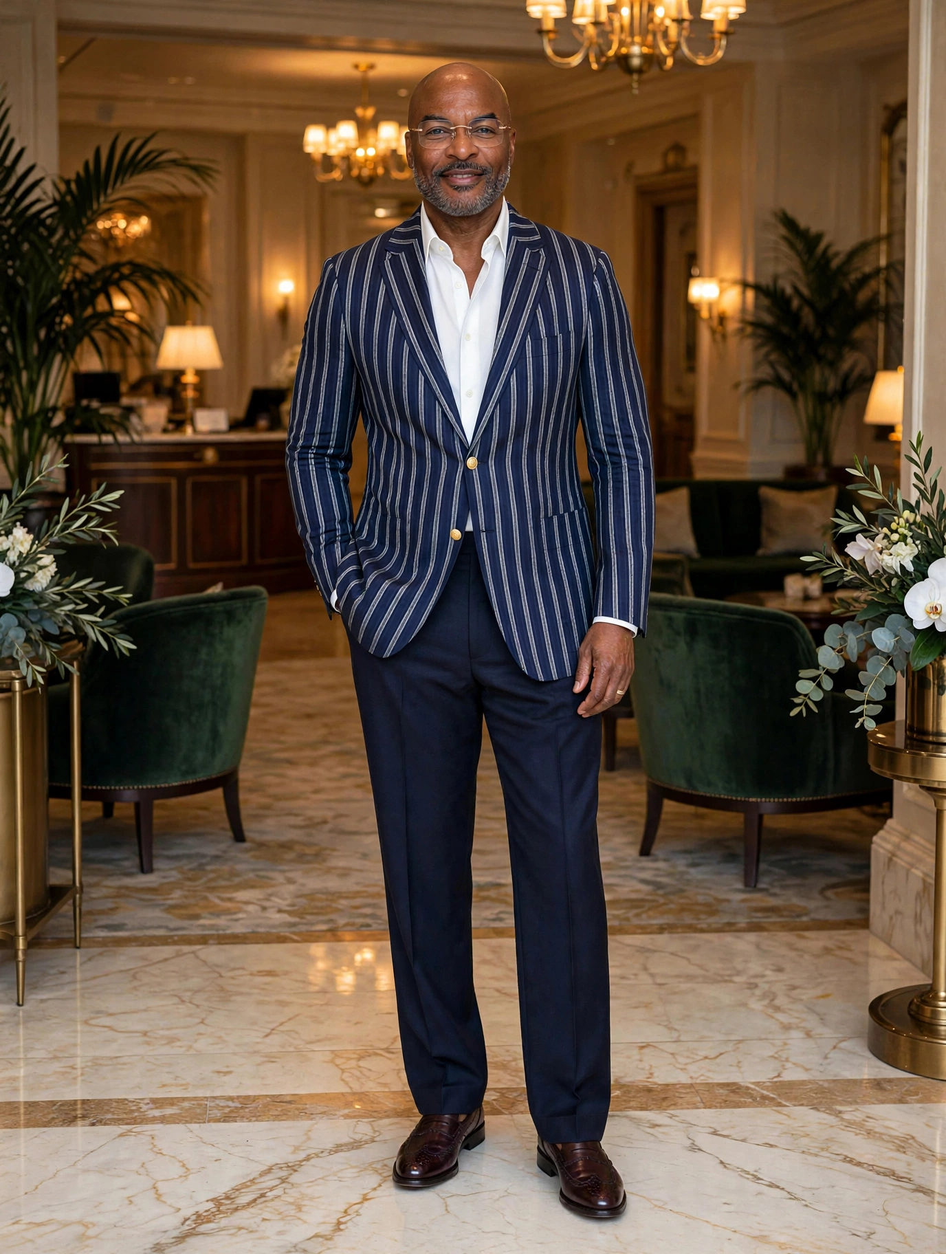 Reggie Sanders in a navy pinstripe blazer with a tailored athletic fit in a luxury hotel lobby