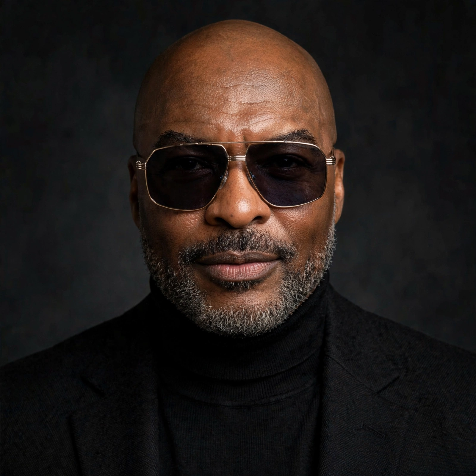 Close portrait of Reggie Sanders in dark glasses and a black turtleneck