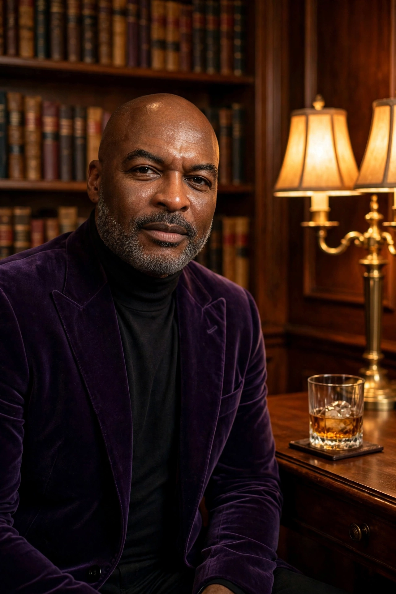 Reggie Sanders in a deep violet velvet smoking jacket and black turtleneck in a wood-paneled library